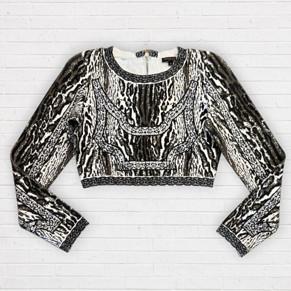 Alberto Makali Embellished Baroque Leopard Crop Top Stretch Statement Glam M